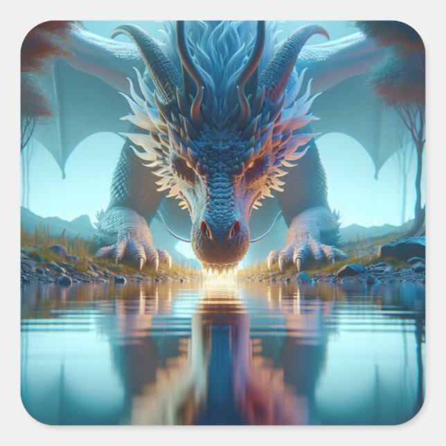 Sticker Carré Dragon Bleu Mystique Reflection dans l'eau (Devant)