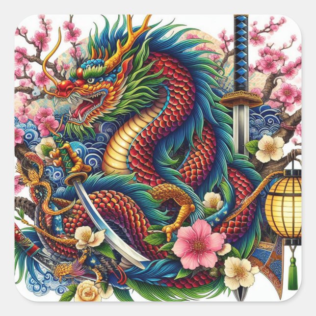 Sticker Carré dragon chinois (Devant)
