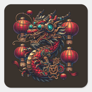 Sticker Carré Dragon chinois de Nouvel An Steampunk