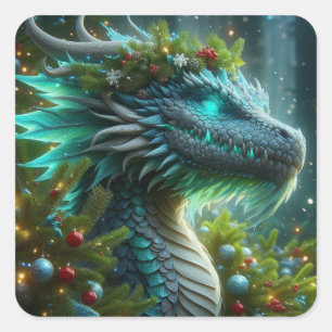 Sticker Carré Dragon de Noël Turquoise Magique