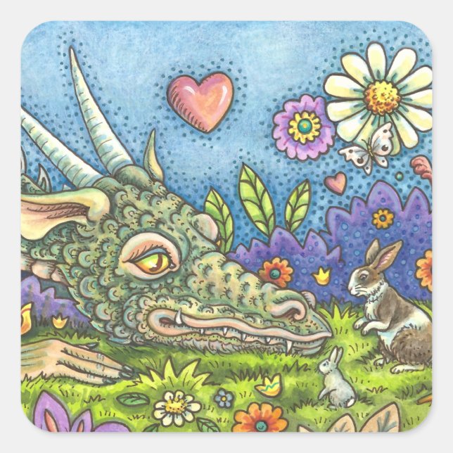 Sticker Carré DRAGON DE PÂQUES CONVIVIAL SUR BUNNY TRAIL Imagina (Devant)