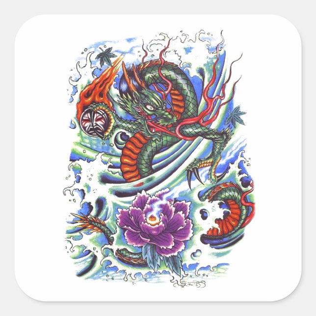 Sticker Carré Dragon d'eau Oriental cool Lotus (Devant)