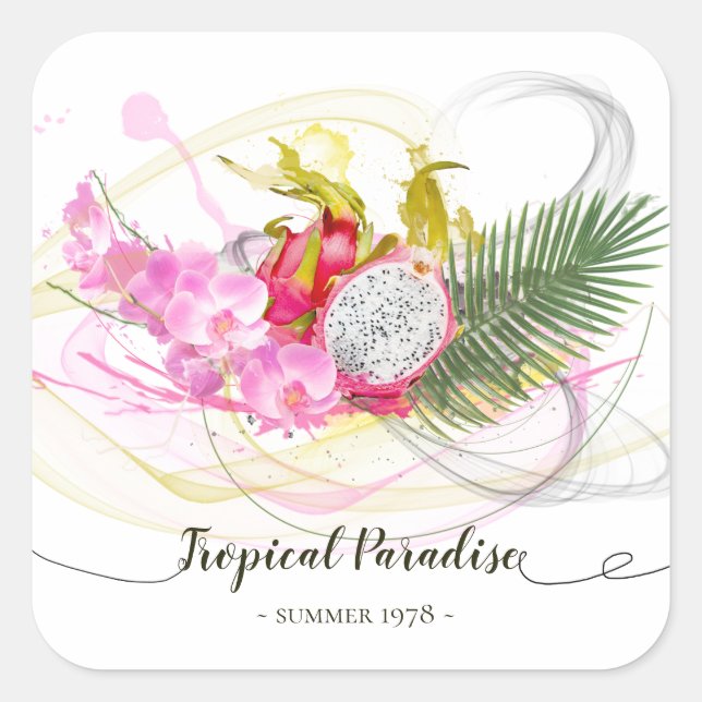Sticker Carré Dragon Fruit et rose Orchid Tropical (Devant)