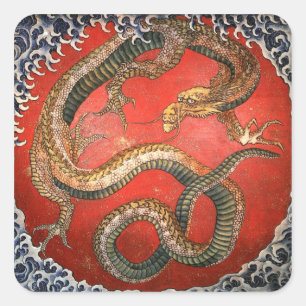 Sticker Carré Dragon, Hokusai Art japonais