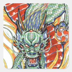 Sticker Carré Dragon japonais et fleurs de Lotus
