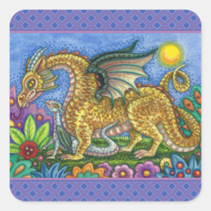 STICKER CARRÉ DRAGON MÉDIÉVAL & JEUNE, JARDIN D'ART FOLK COLORÉ