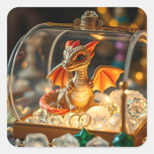 Sticker Carré Dragon mignon dans une boîte à bijoux