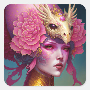 Sticker Carré Dragon rose Crâne Femme Imaginaire Art