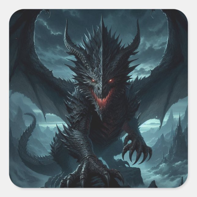 Sticker Carré Dragon sombre et médiéval (Devant)