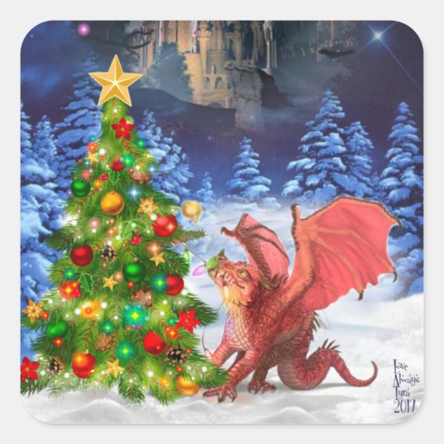 Sticker Carré Dragon tirant sur l'arbre de Noël (Devant)