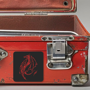 Sticker Carré Dragon Tribal Rouge Féroce Silhouette Fantastique