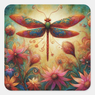 Sticker Carré Dragonfly lunaire Floral Art Abstrait Turquoise ro