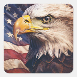 Sticker Carré Drapeau Américain avec Tête d'Aigle Américain