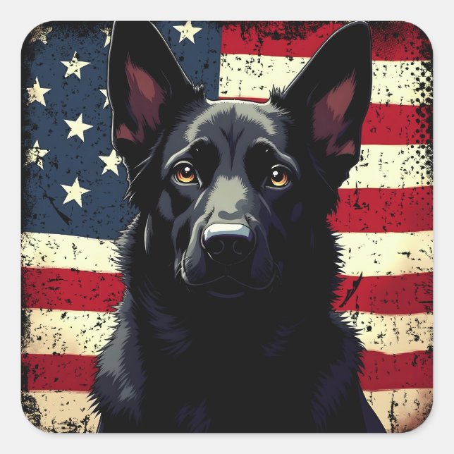 Sticker Carré Drapeau américain Patriotique Black German Shepher (Devant)