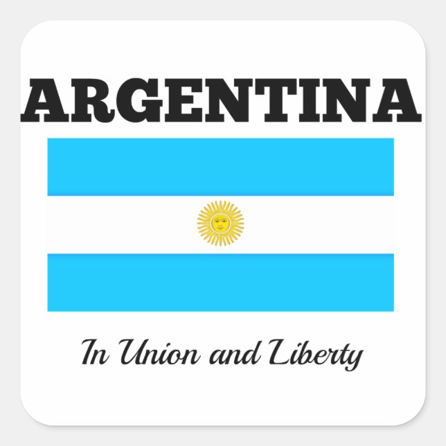 Sticker Carré Drapeau de l'Argentine, étiqueté avec devise (Devant)