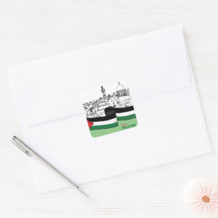Sticker Carré Drapeau de Palestine et vieilles maisons dessinées