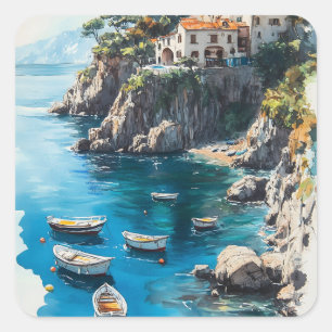 Sticker Carré Dreamy Amalfi Coast : Aquarelle Peinture Design