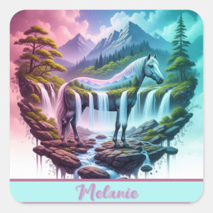 Sticker Carré Dreamy Pastel Horse Cascade Nature Scene