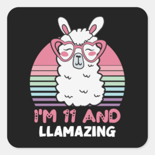 Sticker Carré Drôle Adorable Llama 11e Anniversaire Cadeau Pour 