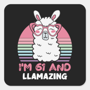 Sticker Carré Drôle Adorable Llama 61e Anniversaire Cadeau Pour