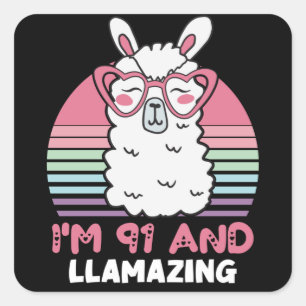 Sticker Carré Drôle Adorable Llama 91e Anniversaire Cadeau Pour 