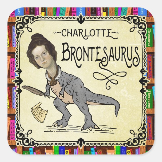 Sticker Carré Drôle Charlotte Bronte Saurus Dinosaur Lecteur de  (Devant)