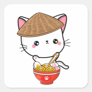 Sticker Carré Drôle chat blanc mange des nouilles