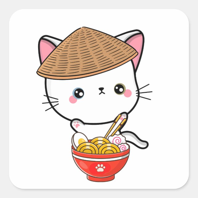 Sticker Carré Drôle chat blanc mange des nouilles (Devant)