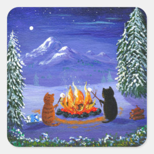 Sticker Carré Drôle Chat Hiver Cartographie Créationarts