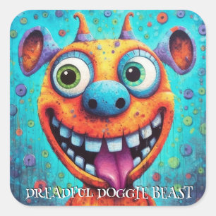 Sticker Carré Drôle Chien Monstre : Dreadful Doggie Beast