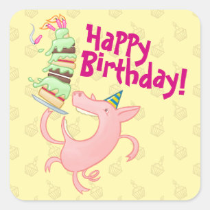 Sticker Carré Drôle Cochon Joyeux Anniversaire ! Carton de gâtea