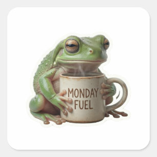 Sticker Carré Drôle de Grenouille Endormie Buvant du Café Lundi