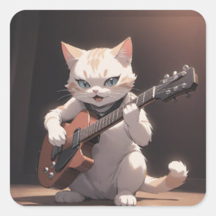 Sticker Carré Drôle Jouer Guitare Art Chat