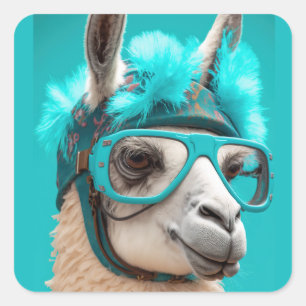 Sticker Carré Drôle Llama Alpaca mignonette Animaux Beanie Casqu
