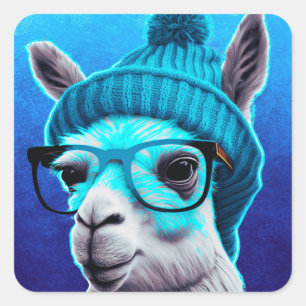 Sticker Carré Drôle Llama Alpaca mignonette Animaux Beanie Casqu