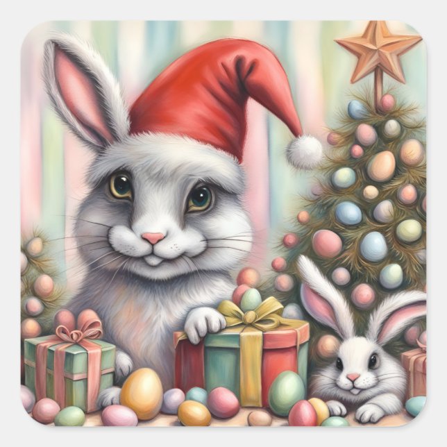Sticker Carré Drôle Mauvais ajustement lapins de Noël de Pâques (Devant)