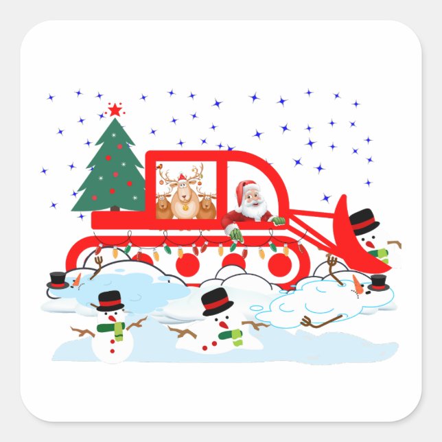 Sticker Carré Drôle Père Noël Snowploing Snowmen (Devant)