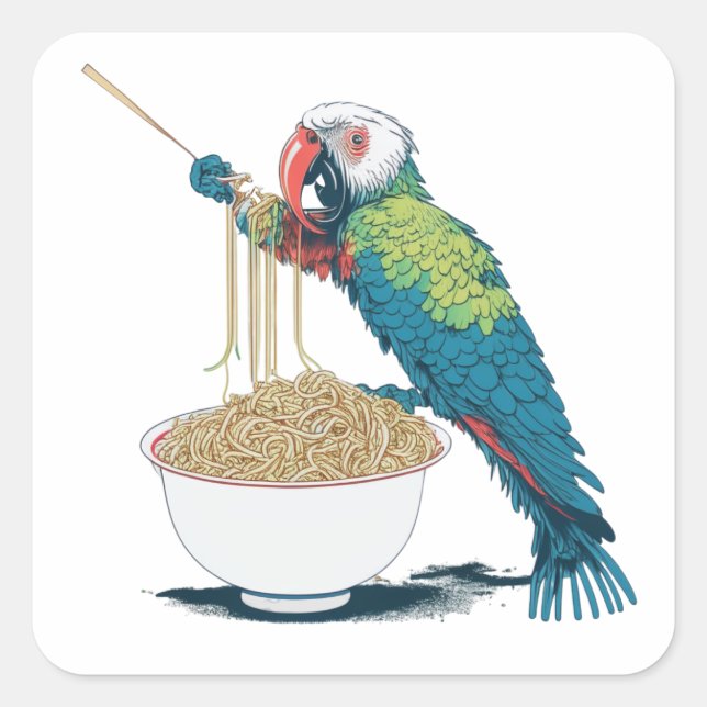 Sticker Carré Drôle Perroquet mangeant des nouilles de ramen (Devant)