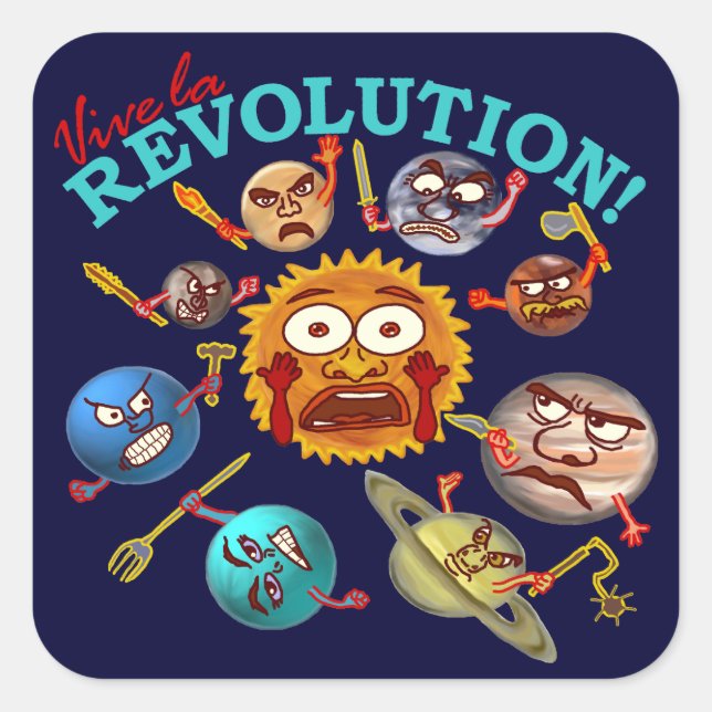 Sticker Carré Drôle Planète Révolution Solaire Système Dessin (Devant)