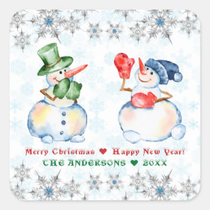 Sticker Carré Drôle Snowman Joyeux Cristaux de Noël Snowflakes