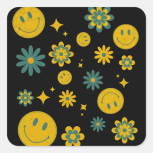 Sticker Carré drôle visage sourire et fleurs super