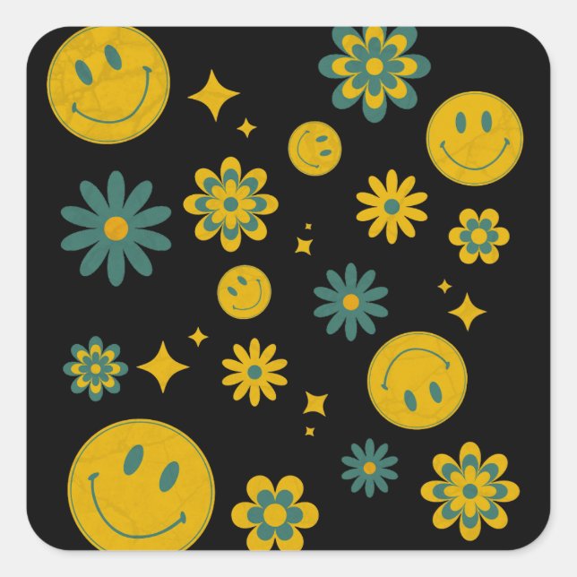 Sticker Carré drôle visage sourire et fleurs super (Devant)