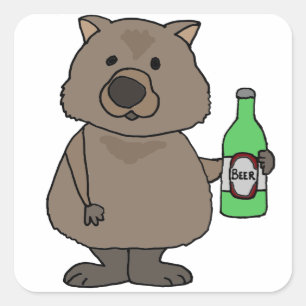 Sticker Carré Drôle Wombat Boisson Bouteille de Bière Cartoon