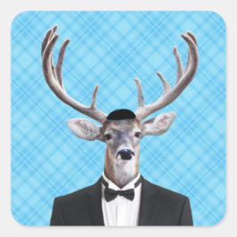 Sticker Carré Drôle Yarmulke Happy Hanoukka Deer Blue Plaid