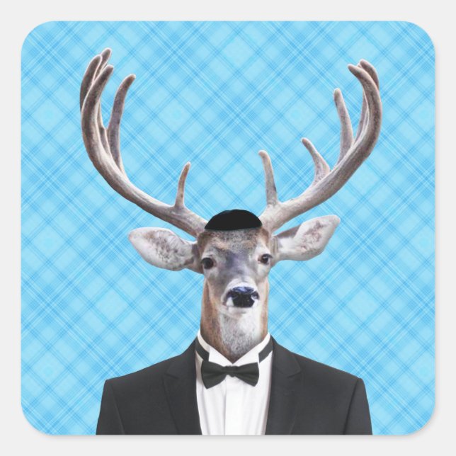 Sticker Carré Drôle Yarmulke Happy Hanoukka Deer Blue Plaid (Devant)