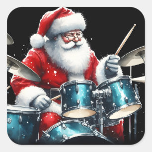 Sticker Carré Drumming Père Noël Spreads Rocking Holiday Cheer