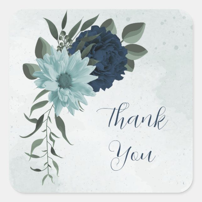 Sticker Carré Dusty bleu marine fleurs botanique merci (Devant)