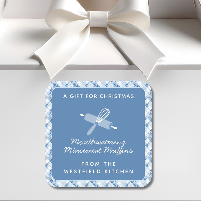 Sticker Carré Dusty Blue Christmas Holiday Food Cadeau (Dusty Blue Check Christmas Holiday Food Gift Square Sticker Label Mincemeat)