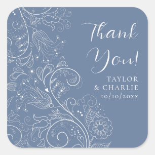 Sticker Carré Dusty Blue élégant Mariage Floral Merci