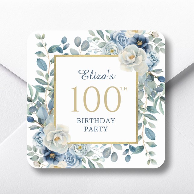 Sticker Carré Dusty Blue Floral 100e anniversaire Faveur (Créateur téléchargé)